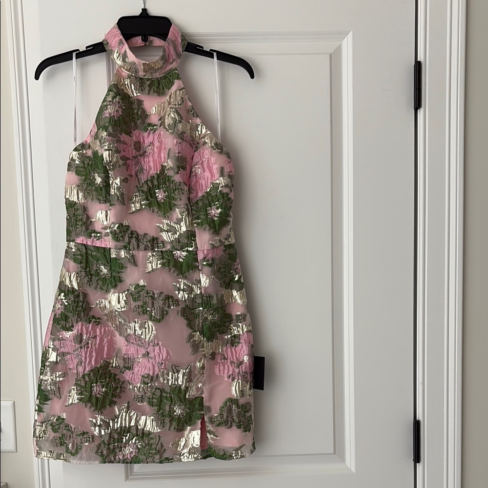 Lulu's Pink Halter Dress with Green Floral & Gold Accent